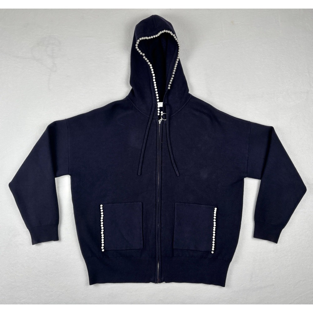 Sandro Paris Pearl Trim Zip Hoodie Navy Size Medium Missing Pearl Section